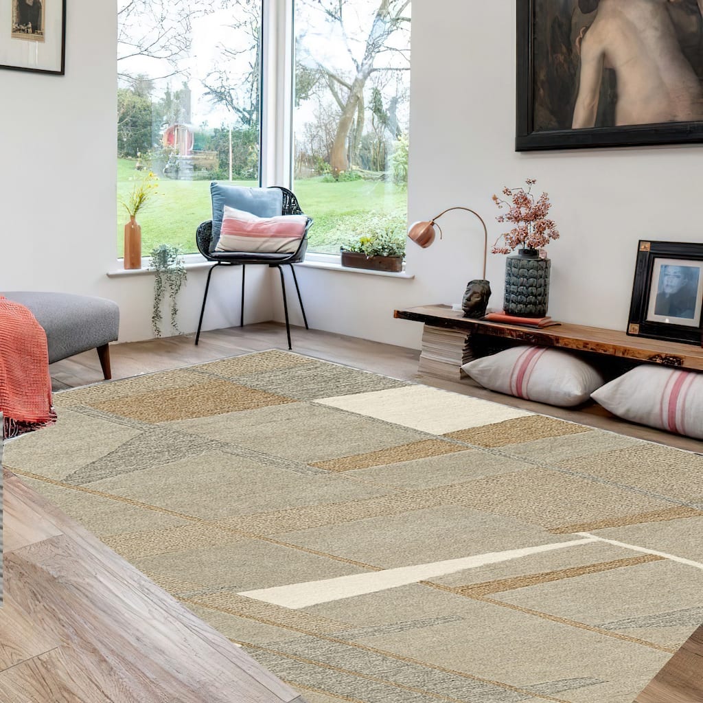 Teon 8 x 10 Large Area Rug, Handwoven Geometric Pattern, Taupe Gray Wool - 8 x 10