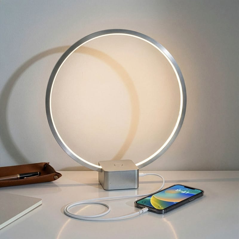 Brightech Circle 15 in. Platinum Silver Industrial Integrated LED Arched/Arc Table Lamp with Built-In 3-Way Dimmer