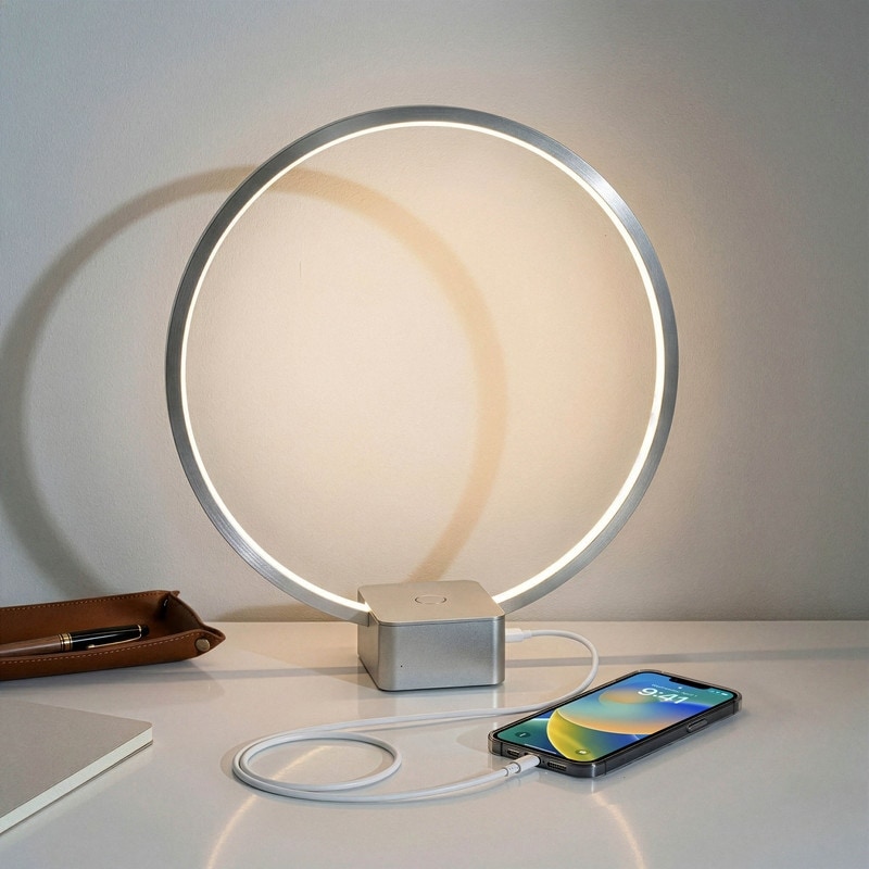 Brightech Circle 15 in. Platinum Silver Industrial Integrated LED Arched/Arc Table Lamp with Built-In 3-Way Dimmer