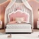 preview thumbnail 20 of 34, Cute Girl Princess Bed with Crown Headboard, PU Upholstered Platform Bed, Wood Panel Bed Low Profile Bed