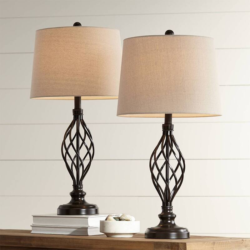 Industrial Table Lamps 28" Tall Set of 2 Iron Bronze Cream Drum Shade - 13" x 28"