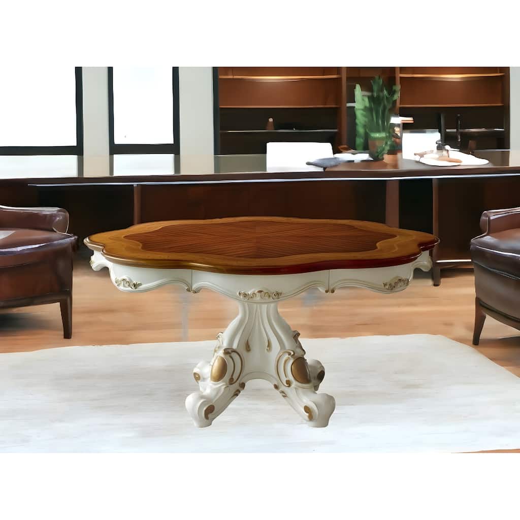 62" Brown And White Oval Solid Wood Pedestal Base Dining Table