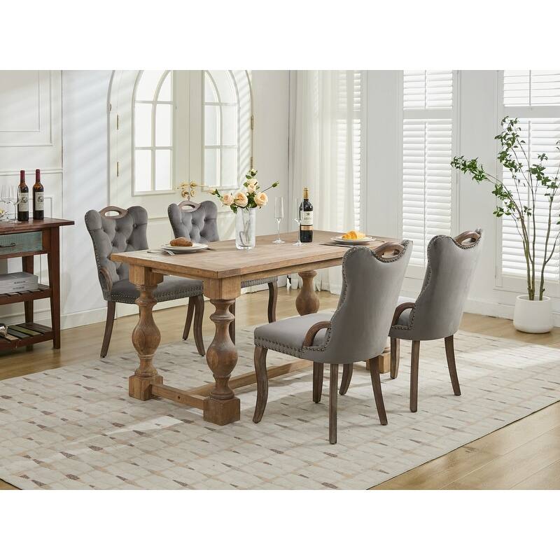 Velvet Dining Chairs with Tufted Trim & Copper Nail Accents - Set of 2