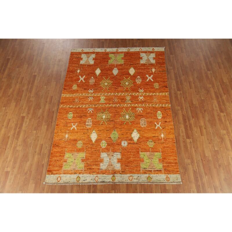 Geometric Orange Moroccan Oriental Area Rug Hand-Knotted Wool Carpet - 6'8" x 9'8"