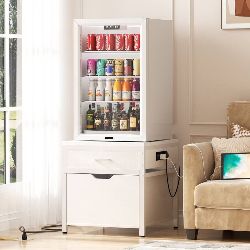 Mini Fridge Stand with Charge Station, Side/ End Table with Storage Drawers and Rolling Cabinet