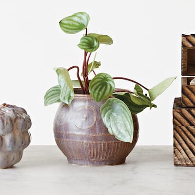 Debossed Stoneware Planter with Pattern and Reactive Glaze - 6.5"L x 6.5"W x 5.3"H