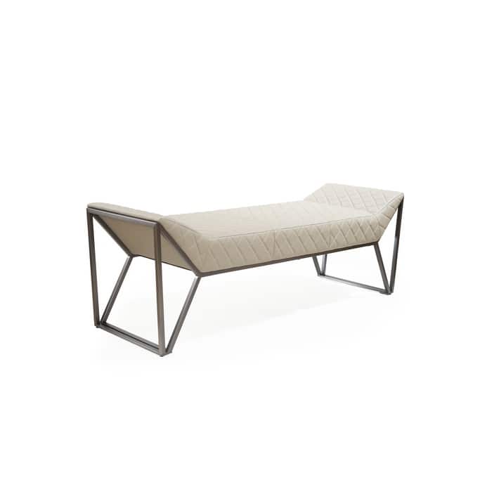 HomeRoots 63" Cream and Gray Quilted Faux Leather and Steel Upholstered Bench - 63.00 in. x 21.00 in. x 20.00 in.