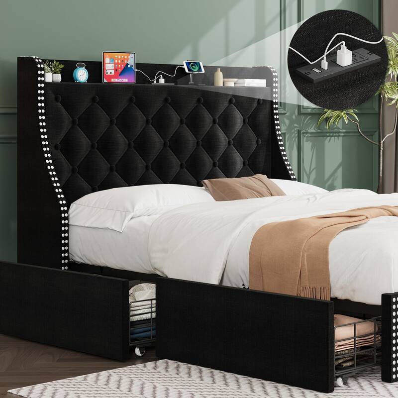 Bed Frame with 4 Storage Drawers and Headboard