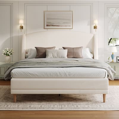 Upholstered Platform Bed Boucle Fabric and Wingback Headboard