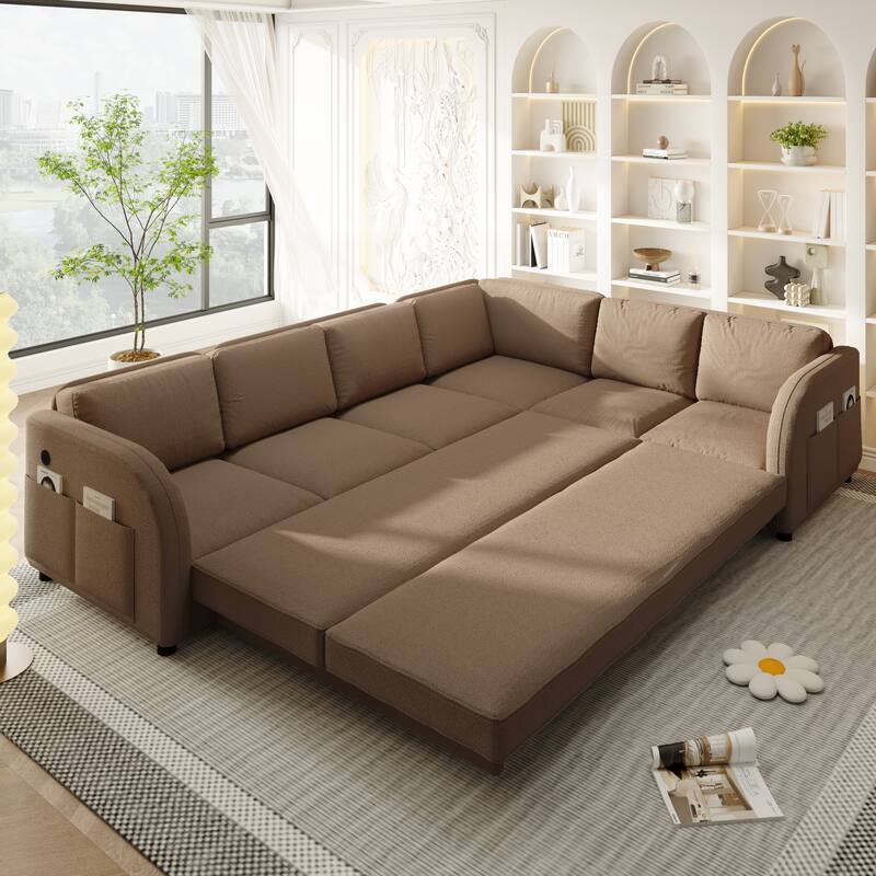 115" L-Shaped Sectional with Pull-Out Bed, USB Ports & Side Pockets, King Size Upholstered Bed