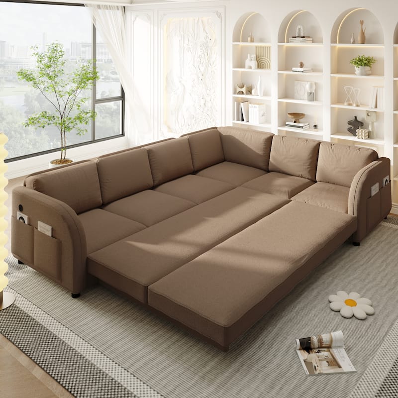 Sectional Sleeper Sofa with Pull Out Bed, Convertible Teddy Fabric Couch with Side Pockets & USB Ports, L Shaped Modular Couches