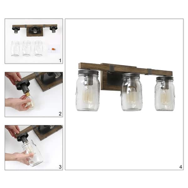 dimension image slide 0 of 2, Farmhouse 3-light Faux Wood Bathroom Vanity Lighting Glass Wall Sconce - W21"xH9"xE6"
