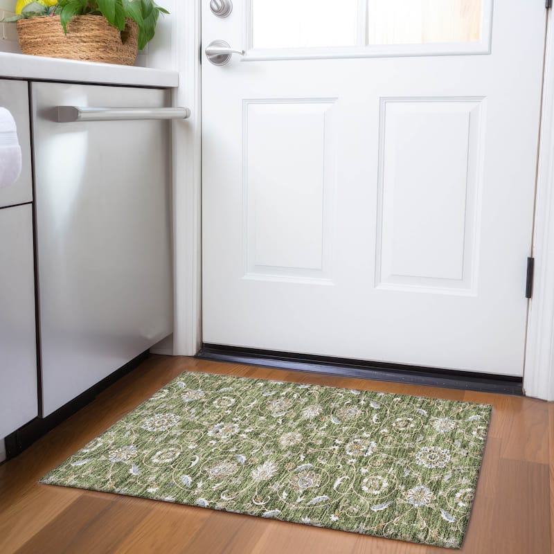 Machine Washable Indoor/ Outdoor Traditional KashanChantille Rug - Olive - 1'8" x 2'6"