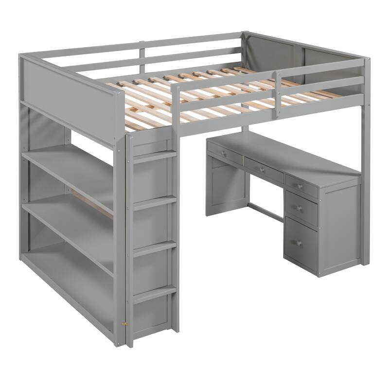 Space-Saving Full Loft Bed with Desk, Shelves, and Ladder in Gray