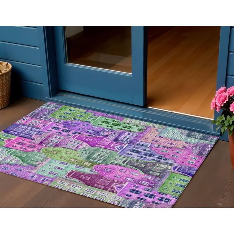 HomeRoots Village Houses Transitional Rectangle Outdoor Rug - 3' x 5'