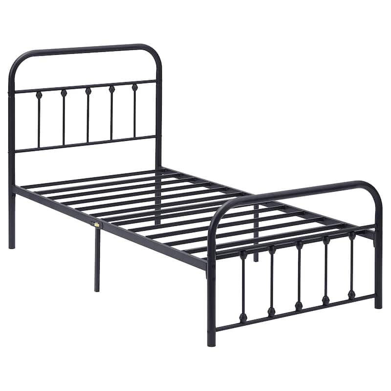 Black Metal Bed Frame with Vintage Headboard and Footboard,No Box Spring Needed,Premium Stable Steel Slat Support,Black