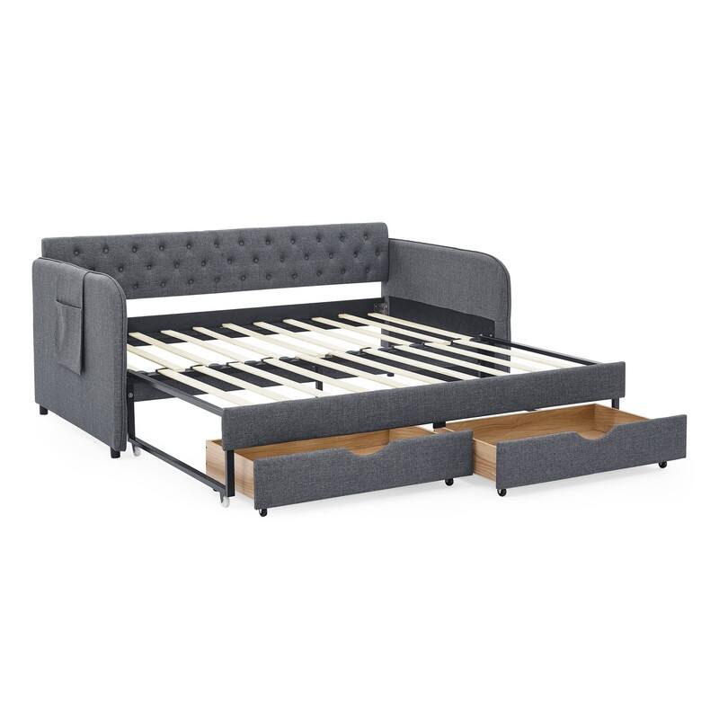 Twin Size Upholstery Daybed w/Trundle Bed and 2 Drawers , Flat Arms with Pocket