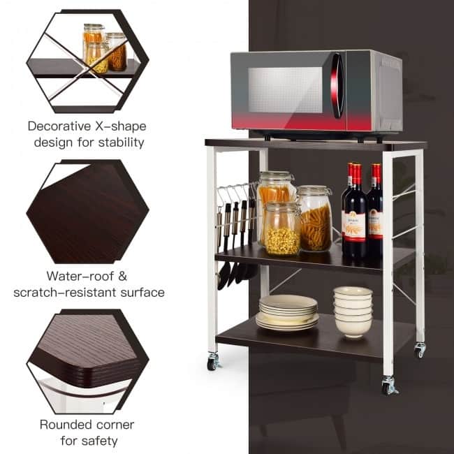 3-Tier Kitchen Baker's Rack Microwave Oven Storage Cart with Hooks - 23.5" x 16" x 29" (L x W x H)
