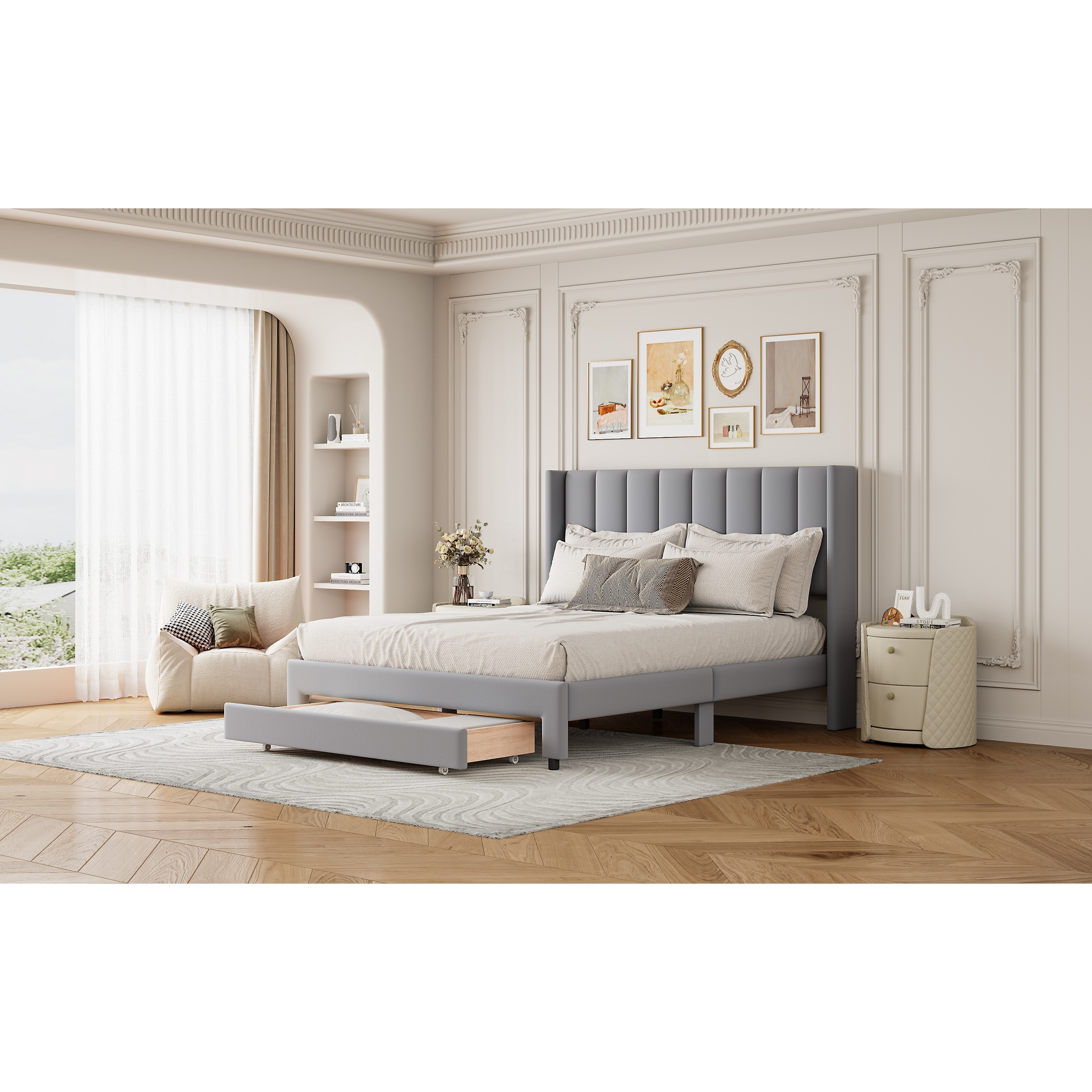 Full Size Storage Bed Velvet Upholstered Platform Bed With A Big Drawer
