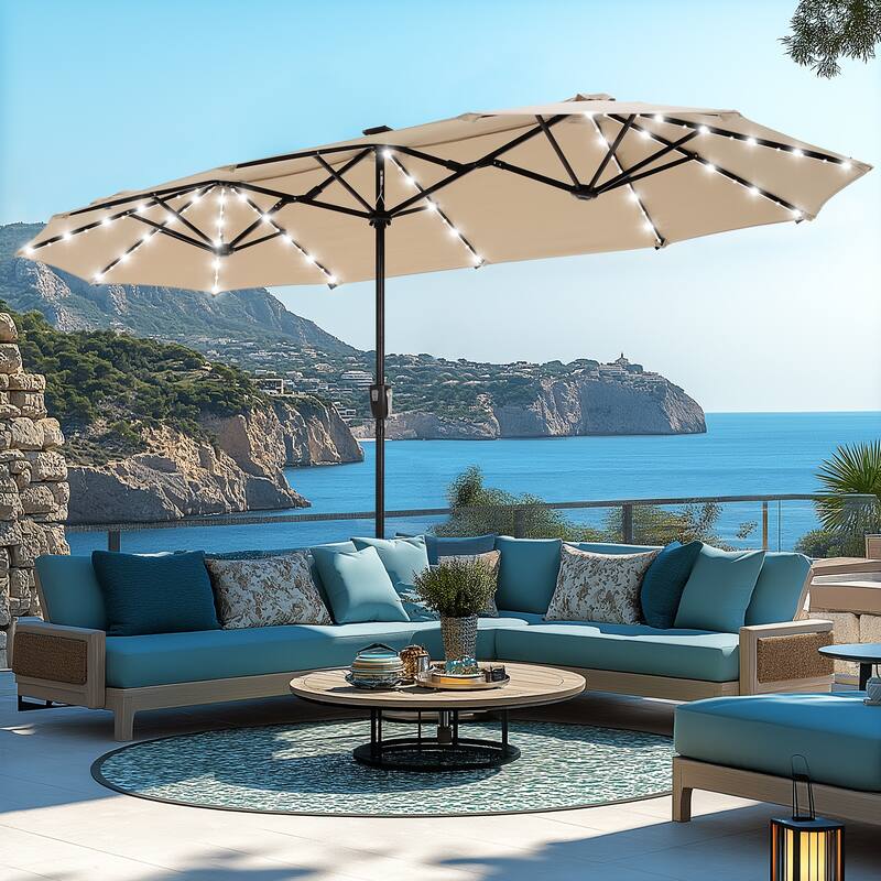 MAISON ARTS 13ft Double -Sided Crank Patio Umbrella Extra Large with LED Colorful Lights - Beige