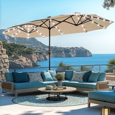 MAISON ARTS Double-Sided 13-foot Twin Outdoor Market Crank Umbrella with Colored LED Lights