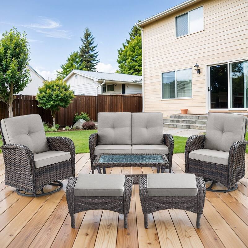 Outdoor Sofa Ottomans with Swivel Chairs -Beige - Brown - Brown - Beige