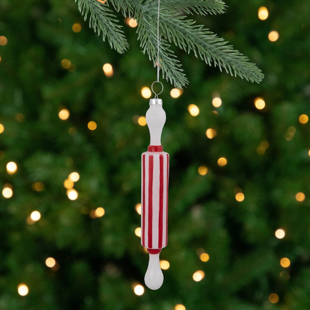 7.25" Red Striped Rolling Pin Glass Christmas Ornament