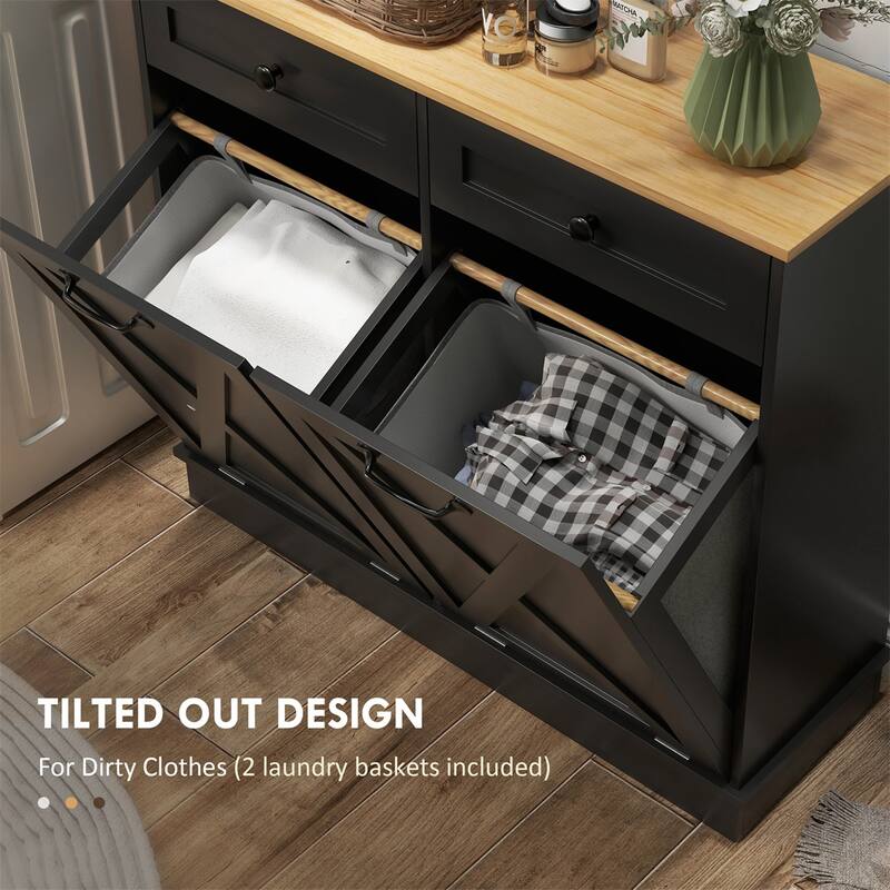Black Tilt-Out Laundry Cabinet with Dual Hampers & Top Drawers MDF, Compact, Multi-Use - 39.4" L x 13" W x 35.4" H
