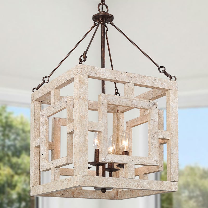 Modern Farmhouse 4-Light Pendant Wood Rustic Square Island Lights - W 13.5" x D 13.5" x H 26" - Distressed Weathered White
