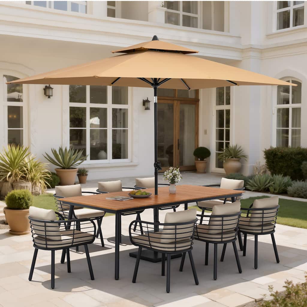 11PC Outdoor Patio Dining Set Aluminum Table with Sunbrella Cushion Chairs w/ Market Umbrella Sets