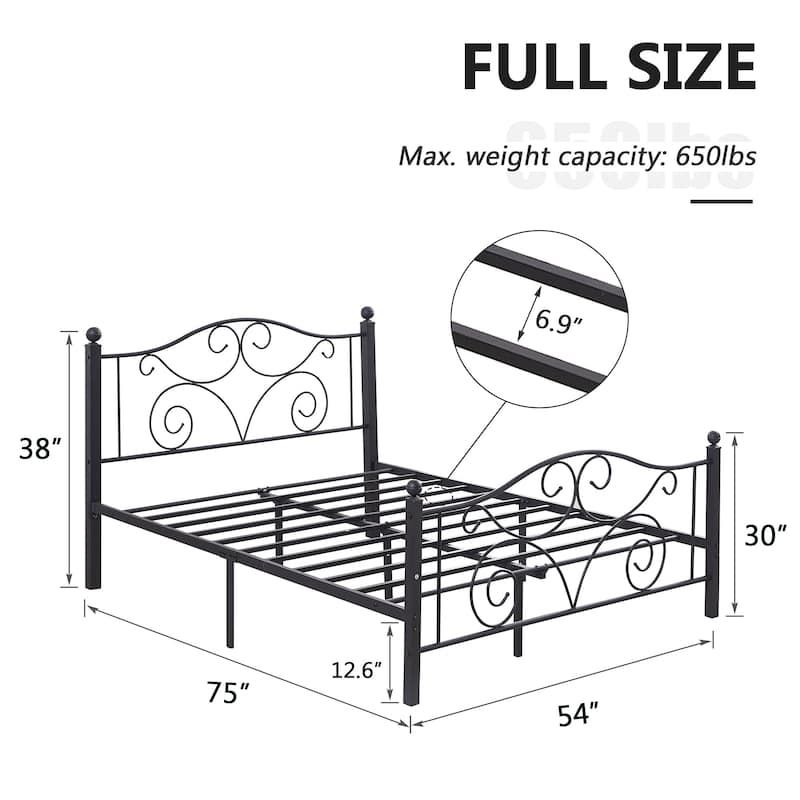 VECELO Metal Platform Bed Frame with Scroll Headboard, Twin/Full/Queen Size Beds