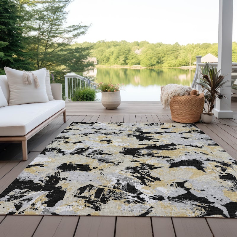 Machine Washable Indoor/ Outdoor Chantille Abstract Contemporary Rug - Black - 9' x 12'