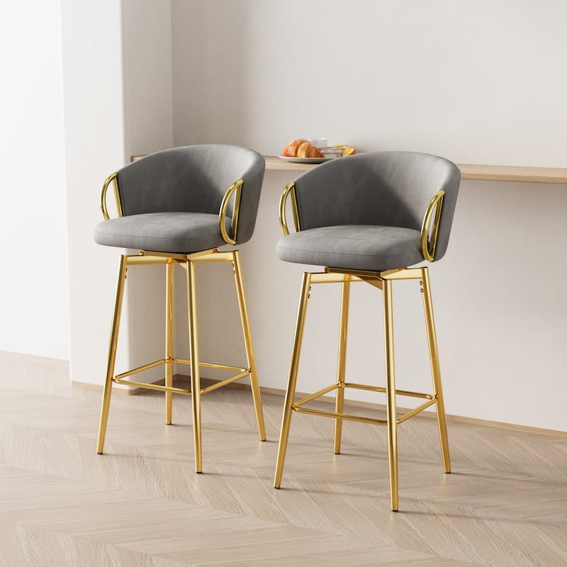 Velvet Bar Chair Set of 2, 360° Swivel Bar Chairs with Metal Legs, Upholstered Counter Height Bar Chairs w/Anti Slip Pads