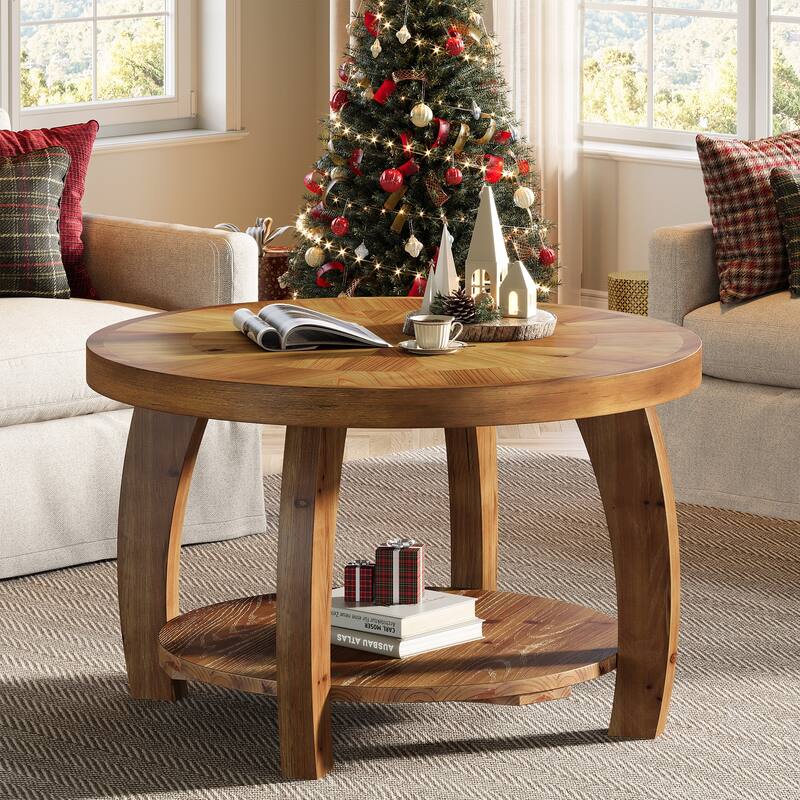 31.5 Inch Round Solid Wood Coffee Table with Storage Shelf for Living Room - 31.5"D x 31.5"W x 19.7"H - Brown
