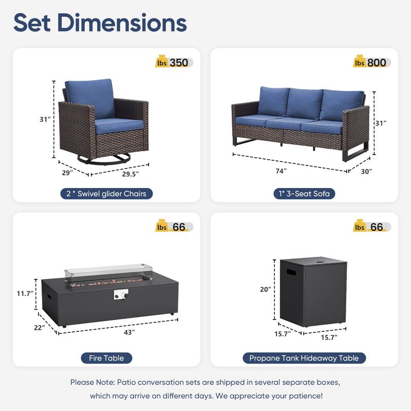 Pocassy 5 Piece Ptio Sofa Swivel Chair with Fire Pit Table