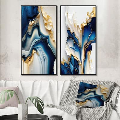 Designart "Abstract Geode Gold And Blue Marble" Abstract Marble Framed Wall Art Set Of 2 - Blue Wall Art Set Of 2