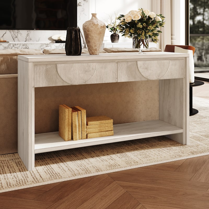 Console Table with Carved Drawers, Wood Sofa Table with Tiered Bottom Shelf, Entryway Accent Table for Living Room - White