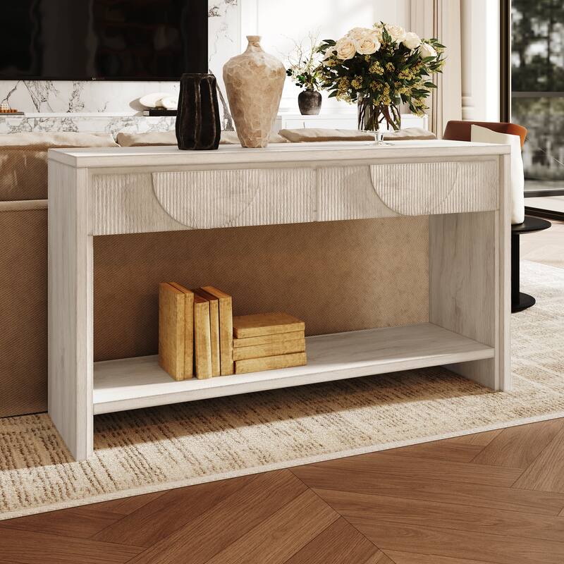 Farmhouse Style Console Table - 55.12" Long Distressed Wood Sofa Table with Storage Drawers & Open Shelf