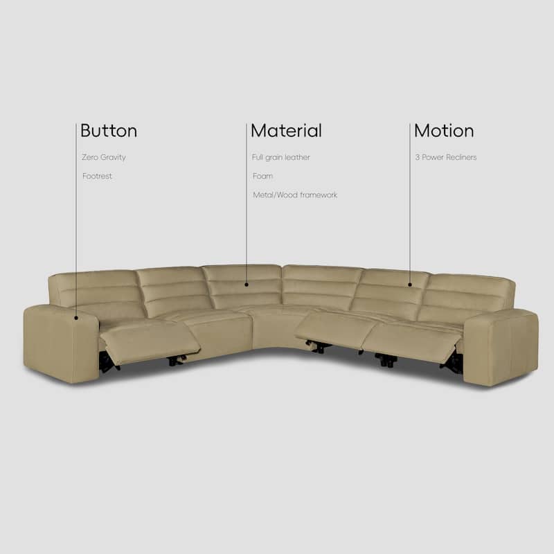 5PCS, 3 power Recliners, Full-Grain Leather Reclining Large Sectional with Zero Gravity