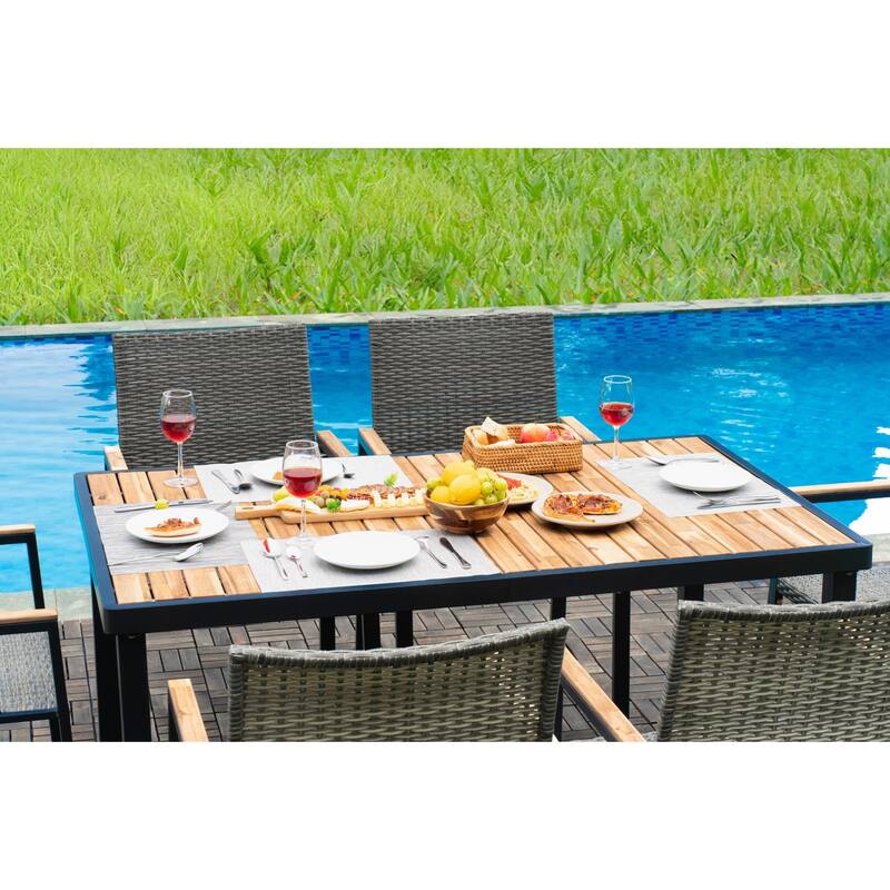 All Weather 7-Piece Patio Dining Table Sets, Patio Conversation Set Acacia Wood Table Top with Umbrella Hole