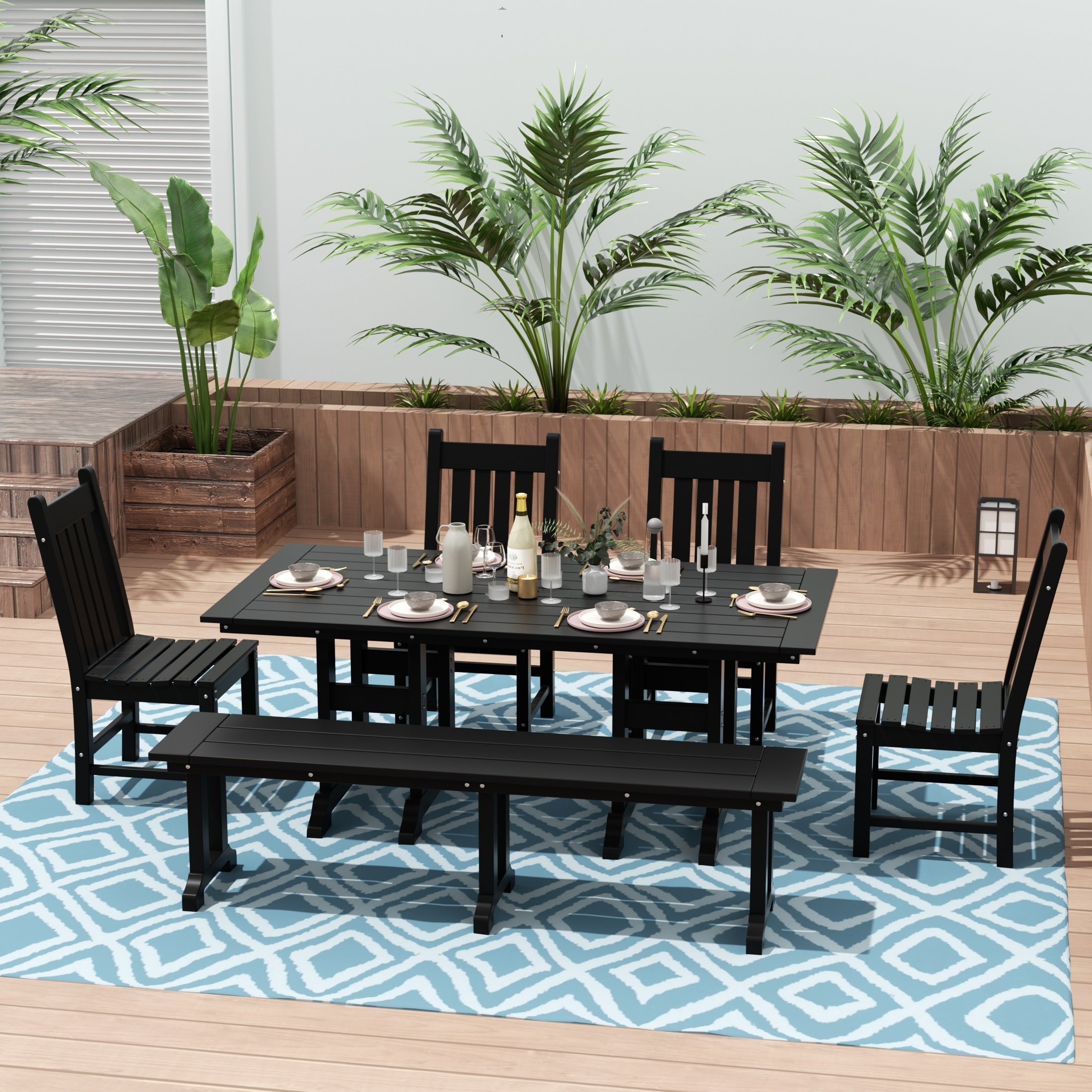 Laguna Hdpe All Weather Outdoor Patio Dining Set with Rectangle Table, Side Chairs, and Bench (6-Piece Set)