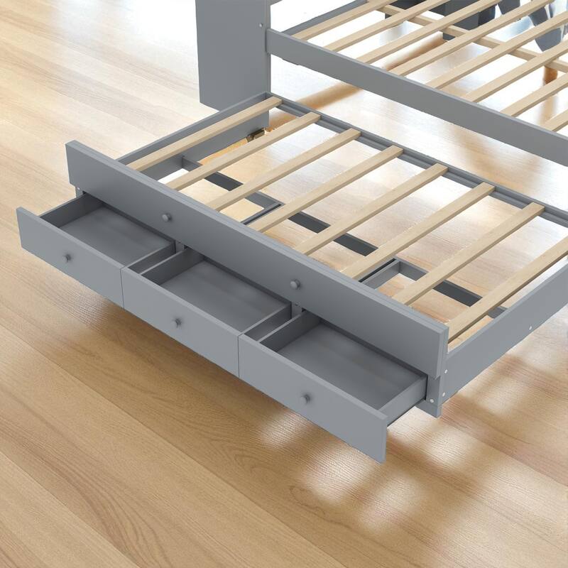 Twin/Full Size Wood Daybed with Trundle, Storage Drawers, Shelves and Built-in Desk, No Box Spring Needed