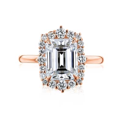 Kobelli August Collection 2.85 Carat Moissanite & Lab Grown Diamond 14k Solid Gold Emerald Rococo Halo Plain Band Elizabeth Ring