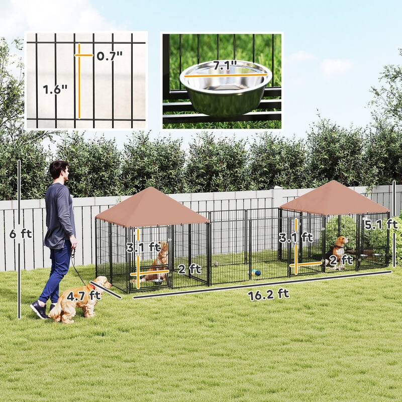 PawHut Dog Kennel Outside with 2 Rooms, Large Outdoor Dog Kennel with Rotating & Adjustable Height Bowls, Waterproof