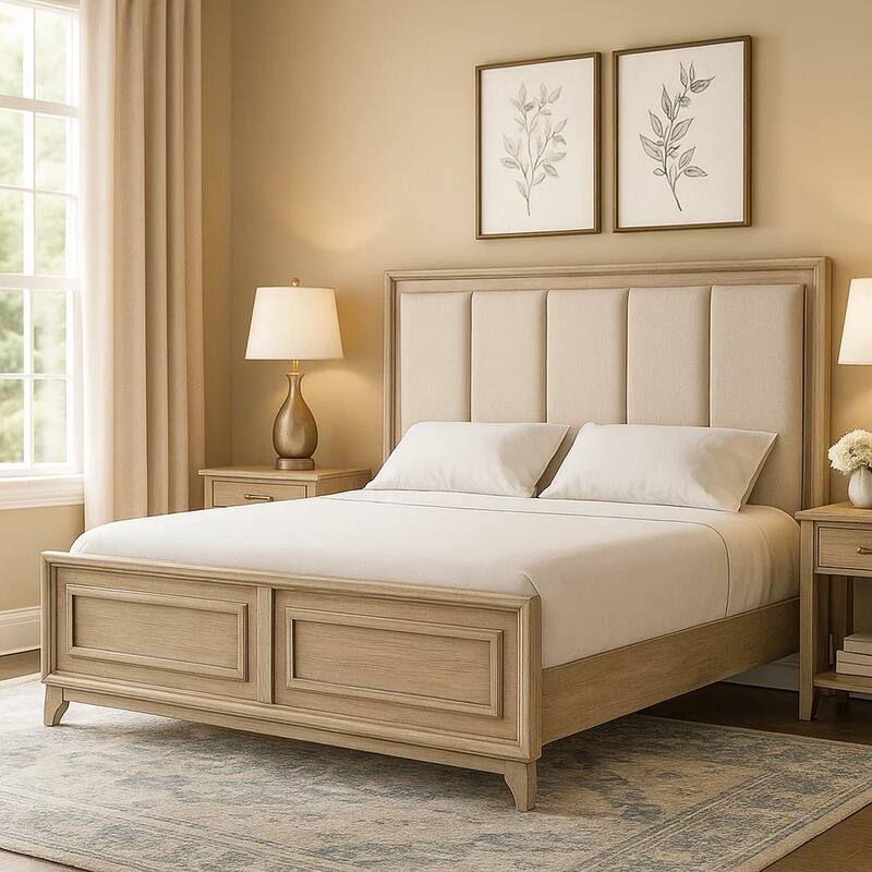 Myna King Bed, Solid Wood, Ivory Channel Padded Upholstery, Oak Brown