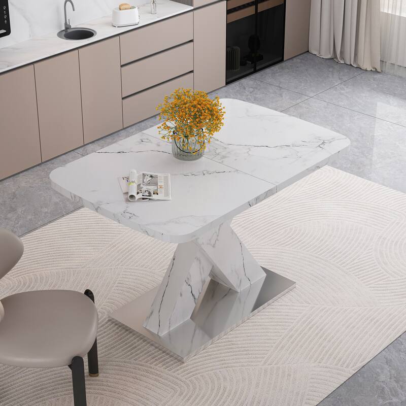 Modern Square Dining Table, Stretchable, with X-Shape Table Leg with Metal Base