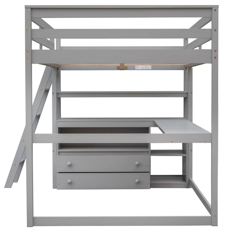 Full Size Loft Bed with Built-in Desk, Shelves & Drawers in Gray