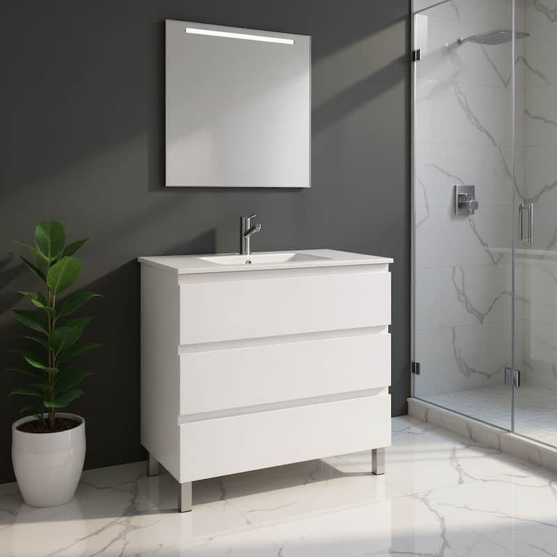 HomeRoots 32" White Wood Freestanding Bathroom Vanity With White Sink And Three Drawers - 32.00 in. x 39.06 in. x 17.88 in. - 32.00 in. x 39.06 in.  x 17.88 in. - Polished - White