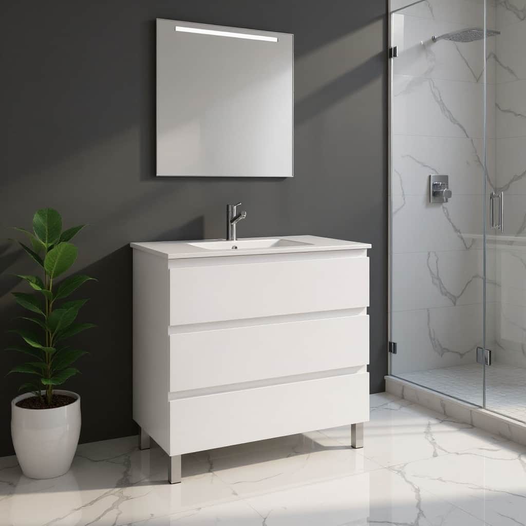 HomeRoots 32" White Wood Freestanding Bathroom Vanity With White Sink And Three Drawers - 32.00 in. x 39.06 in. x 17.88 in.