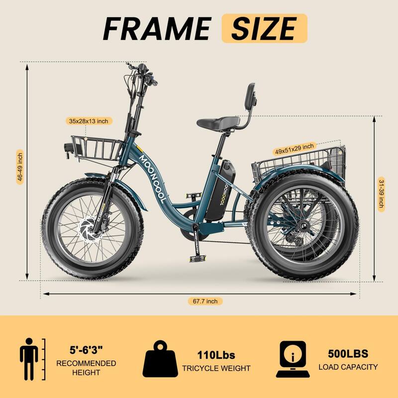 DoCred 20"x4" Fat Tire Electric Tricycle, 48V 500W with 7 Speed Ebike